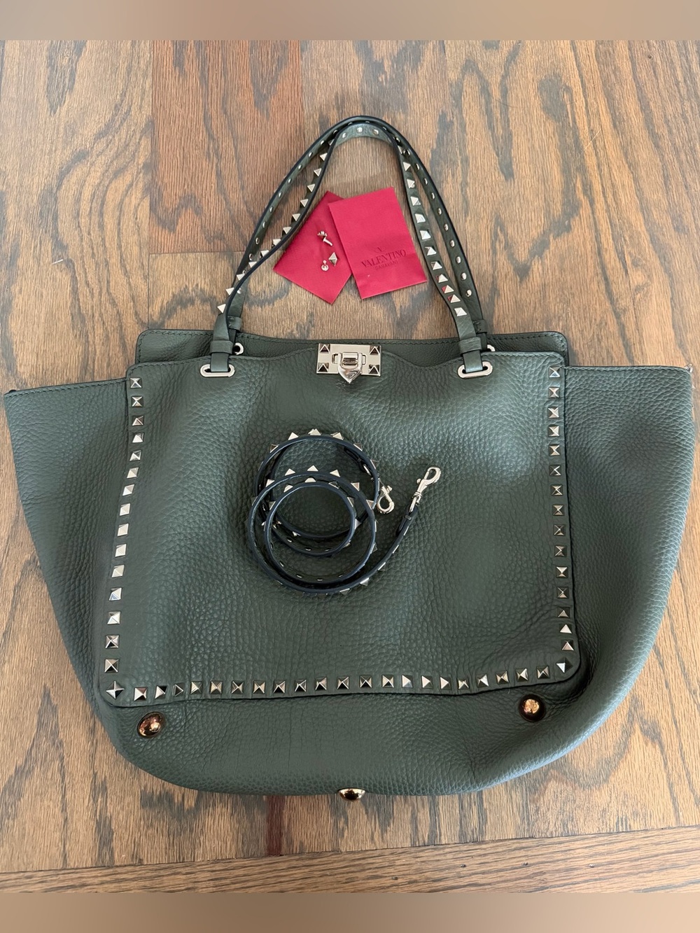 Valentino Garavani Medium Rockstud Leather Satchel Army Green